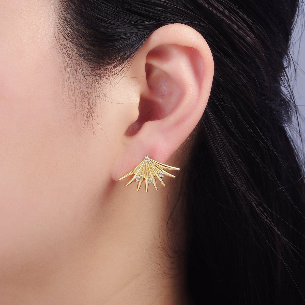 14K Gold Filled CZ Spiked Fan Stud Earrings | Q219 - DLUXCA