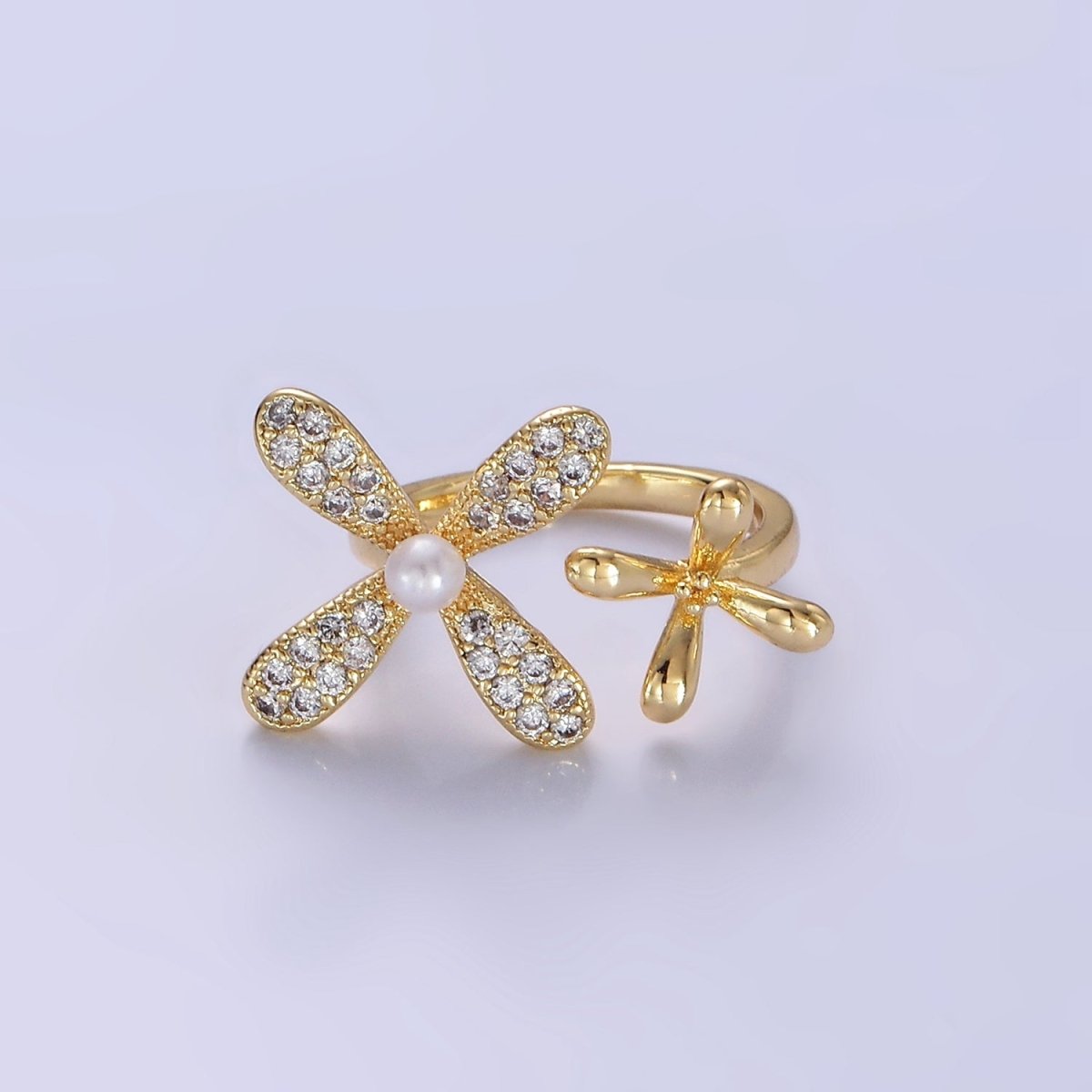 14K Gold Filled Double Flower Pearl Micro Paved Wrap Ring | O115 - DLUXCA