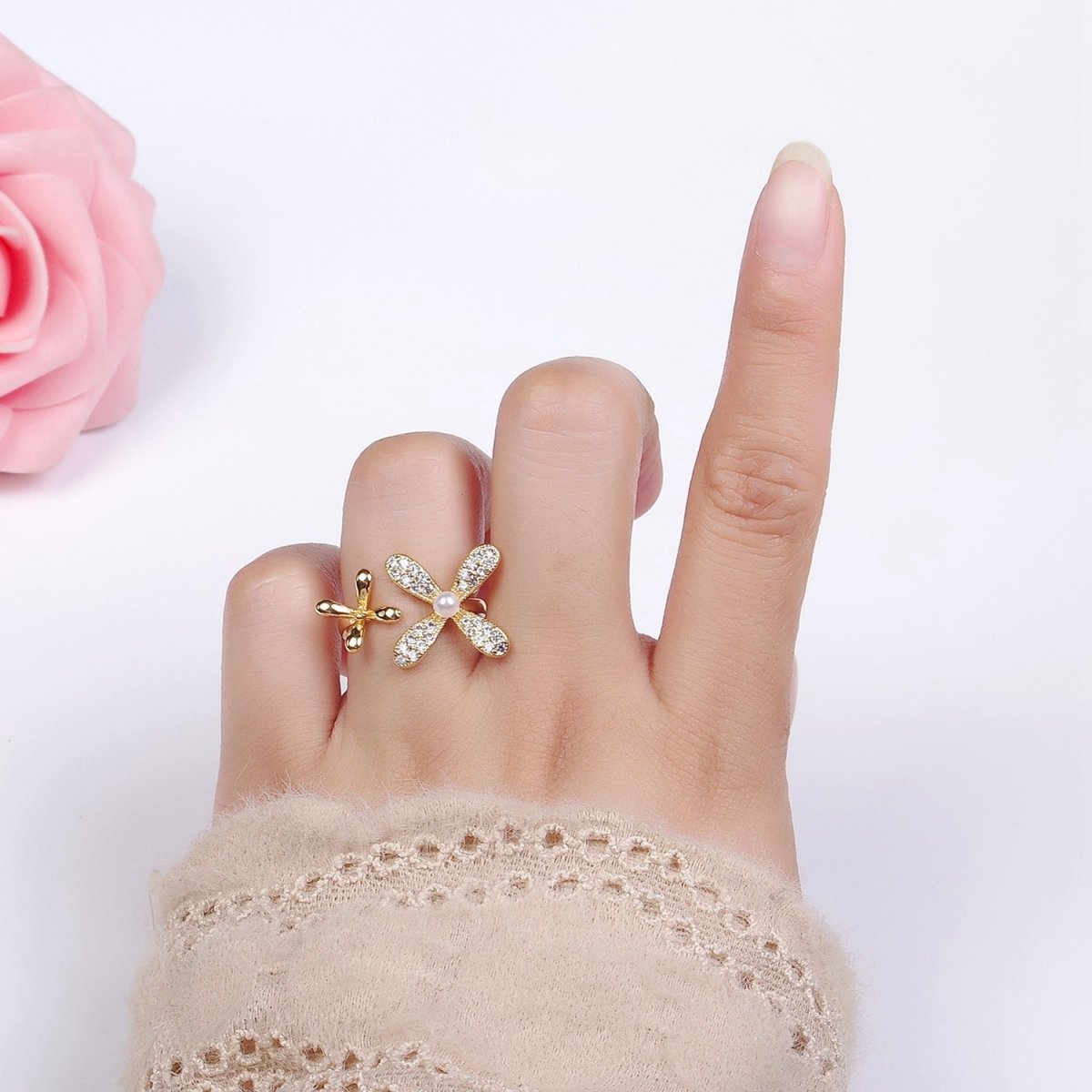 14K Gold Filled Double Flower Pearl Micro Paved Wrap Ring | O115 - DLUXCA