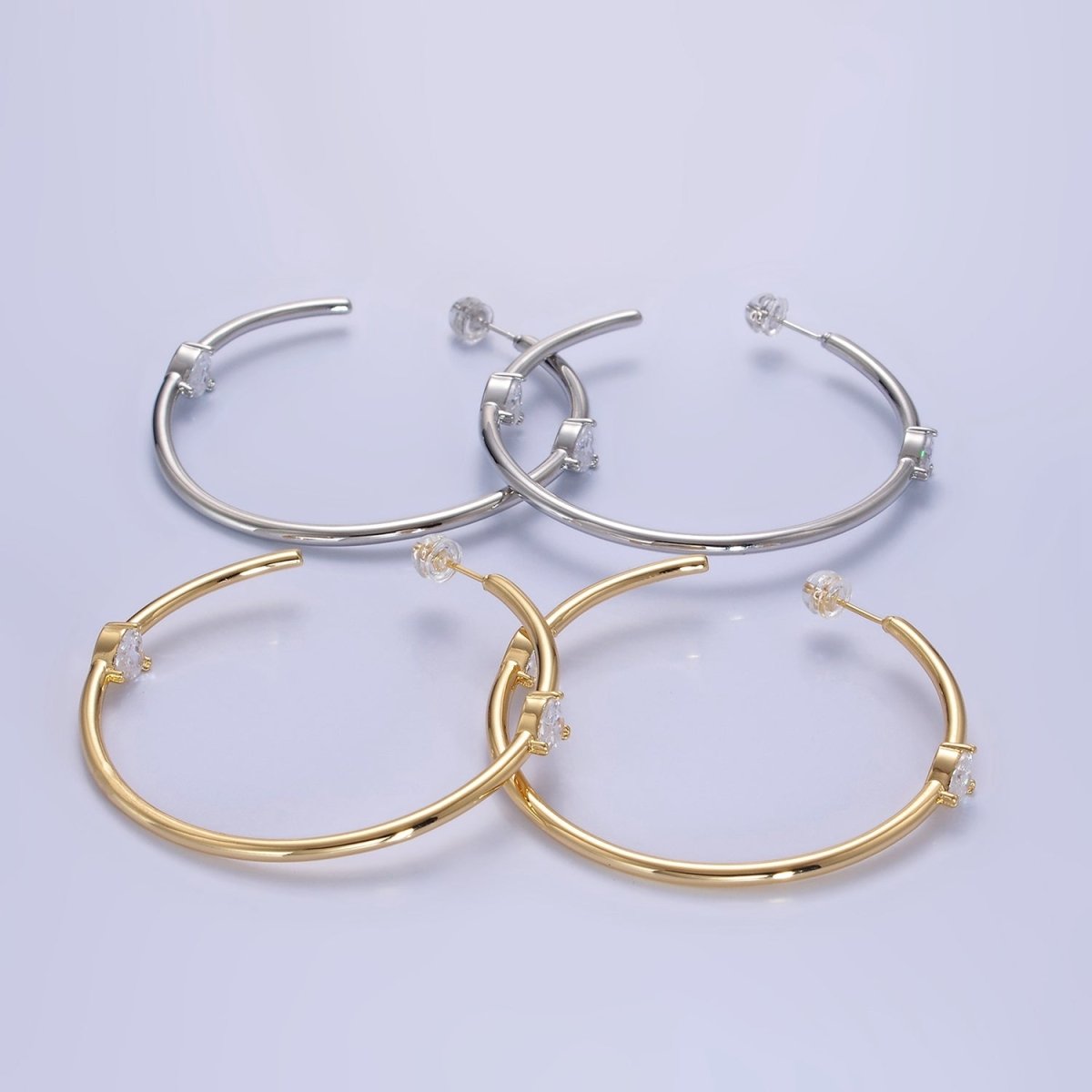 14K Gold Filled Double Heart CZ C-Shaped Hoop Earrings in Gold & Silver | Q069 - DLUXCA