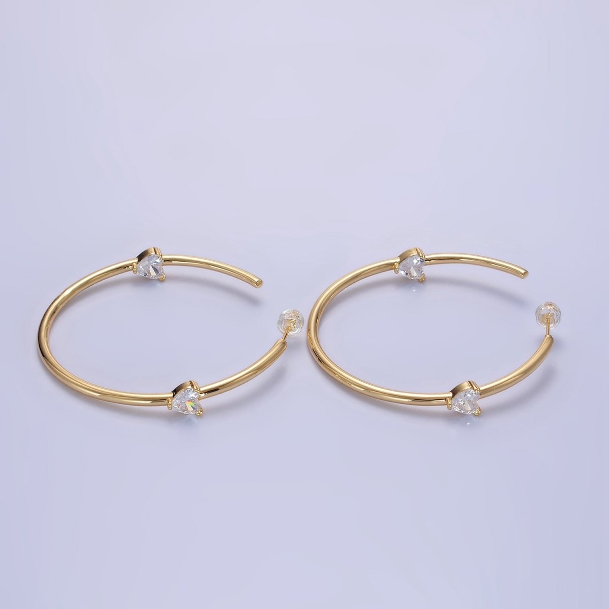 14K Gold Filled Double Heart CZ C-Shaped Hoop Earrings in Gold & Silver | Q069 - DLUXCA
