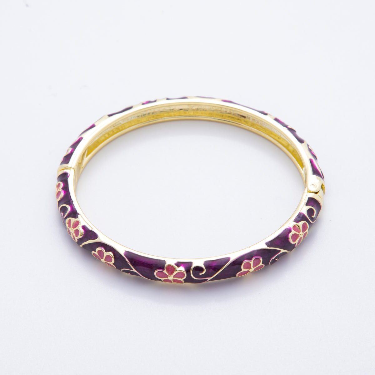 14K Gold Filled Enamel Artisan Floral Linked Open Round Bangle Bracelet in Purple, Pink, & White | WA - A3769 - WA - A3772 - DLUXCA