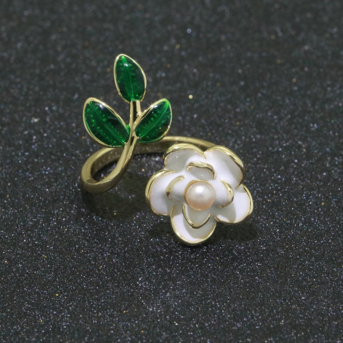 14K Gold Filled Enamel Pearl Rose Open Wrap Ring | S095 - S098 - DLUXCA