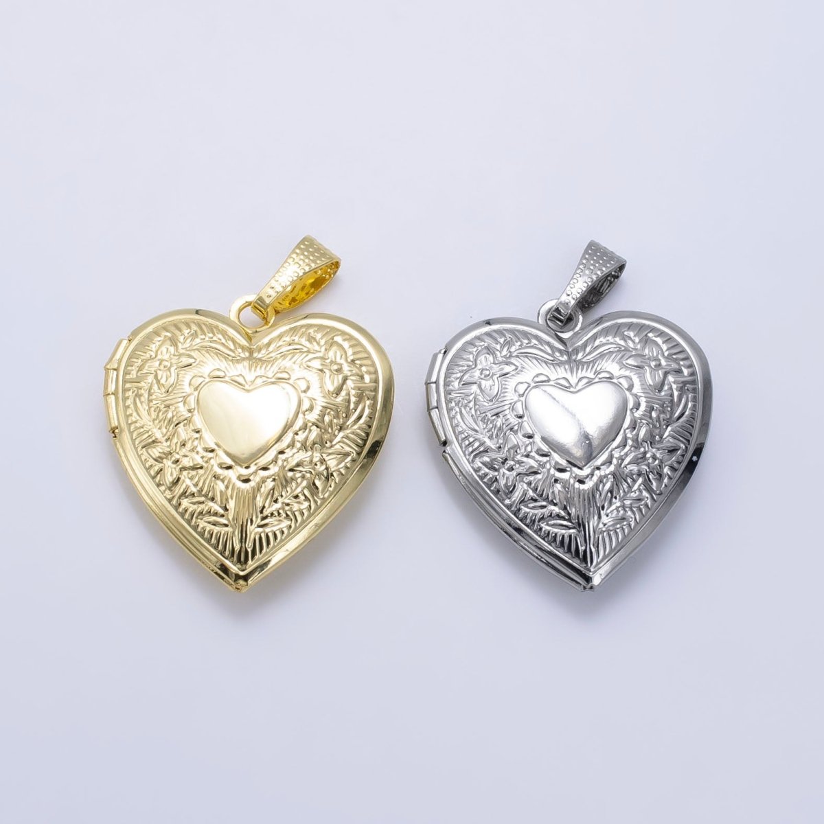 14K Gold Filled Engraved Flower Leaf Sunburst Heart Locket Pendant in Gold & Silver | H049 - DLUXCA