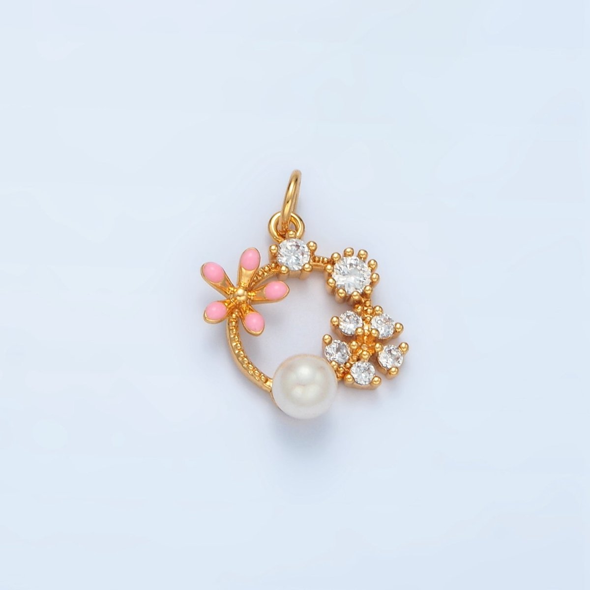 14K Gold Filled Flower CZ Enamel Pearl Open Round Charm | AG879 - DLUXCA