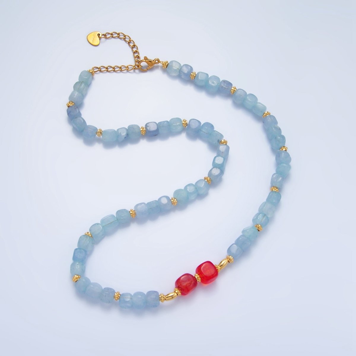 14K Gold Filled Gemstone Carnelian Aquamarine Beaded Bead 16 Inch Necklace | WA - 2645 - DLUXCA