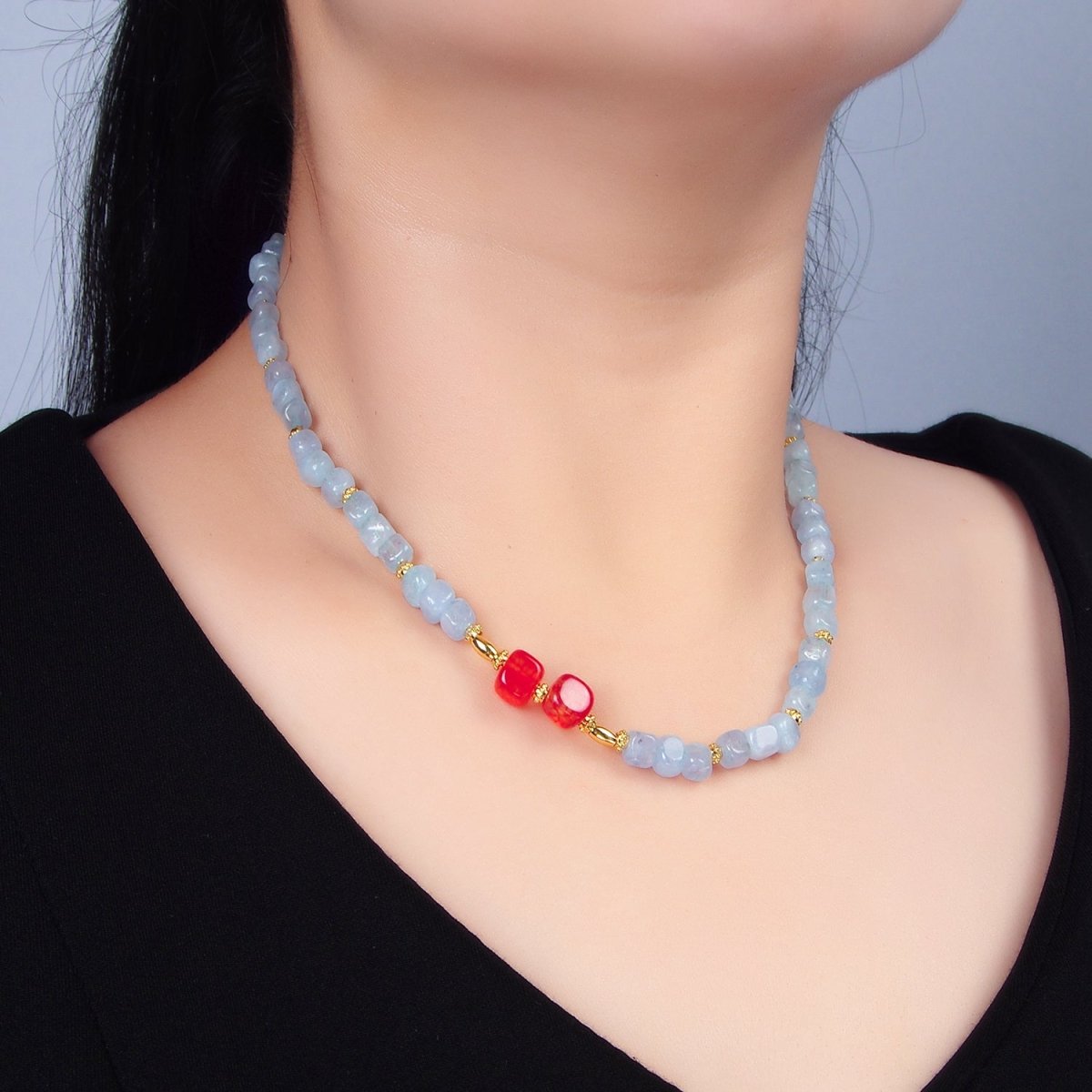 14K Gold Filled Gemstone Carnelian Aquamarine Beaded Bead 16 Inch Necklace | WA - 2645 - DLUXCA