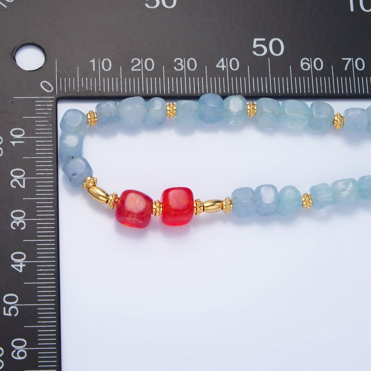 14K Gold Filled Gemstone Carnelian Aquamarine Beaded Bead 16 Inch Necklace | WA - 2645 - DLUXCA