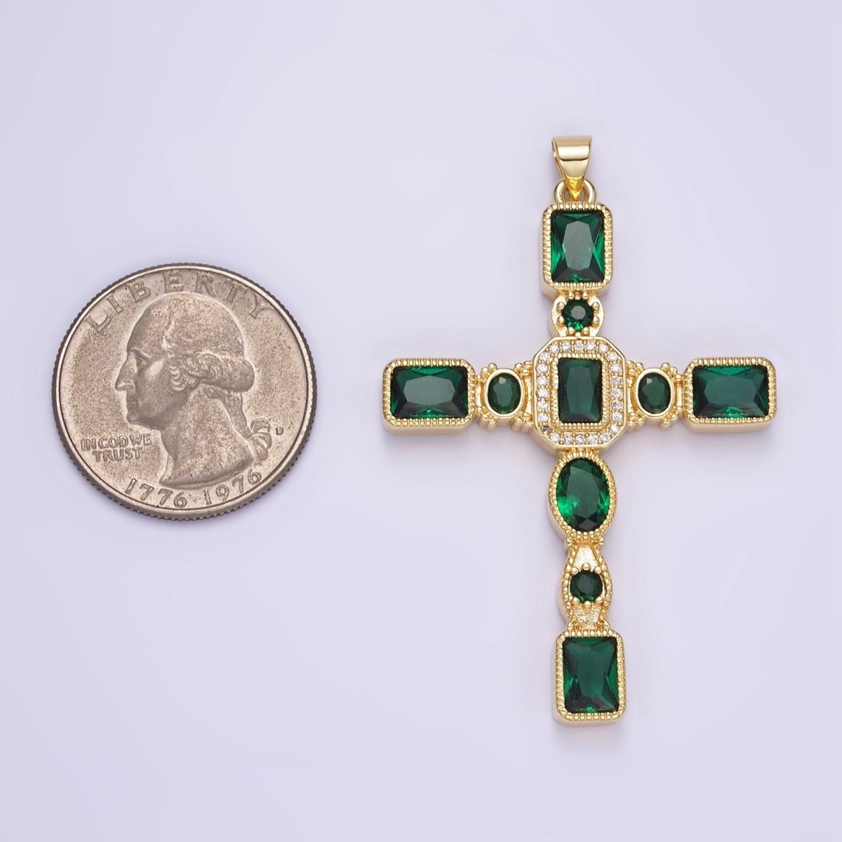 14K Gold Filled Green Baguette CZ Micro Paved Geometric Cross Pendant | H380 - DLUXCA