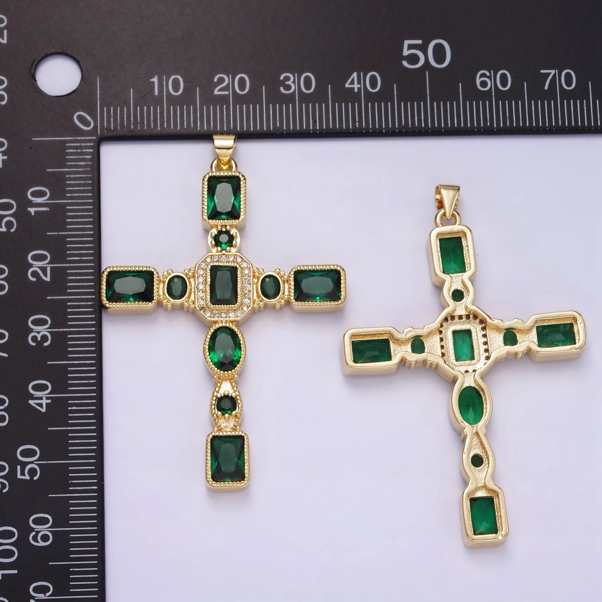 14K Gold Filled Green Baguette CZ Micro Paved Geometric Cross Pendant | H380 - DLUXCA