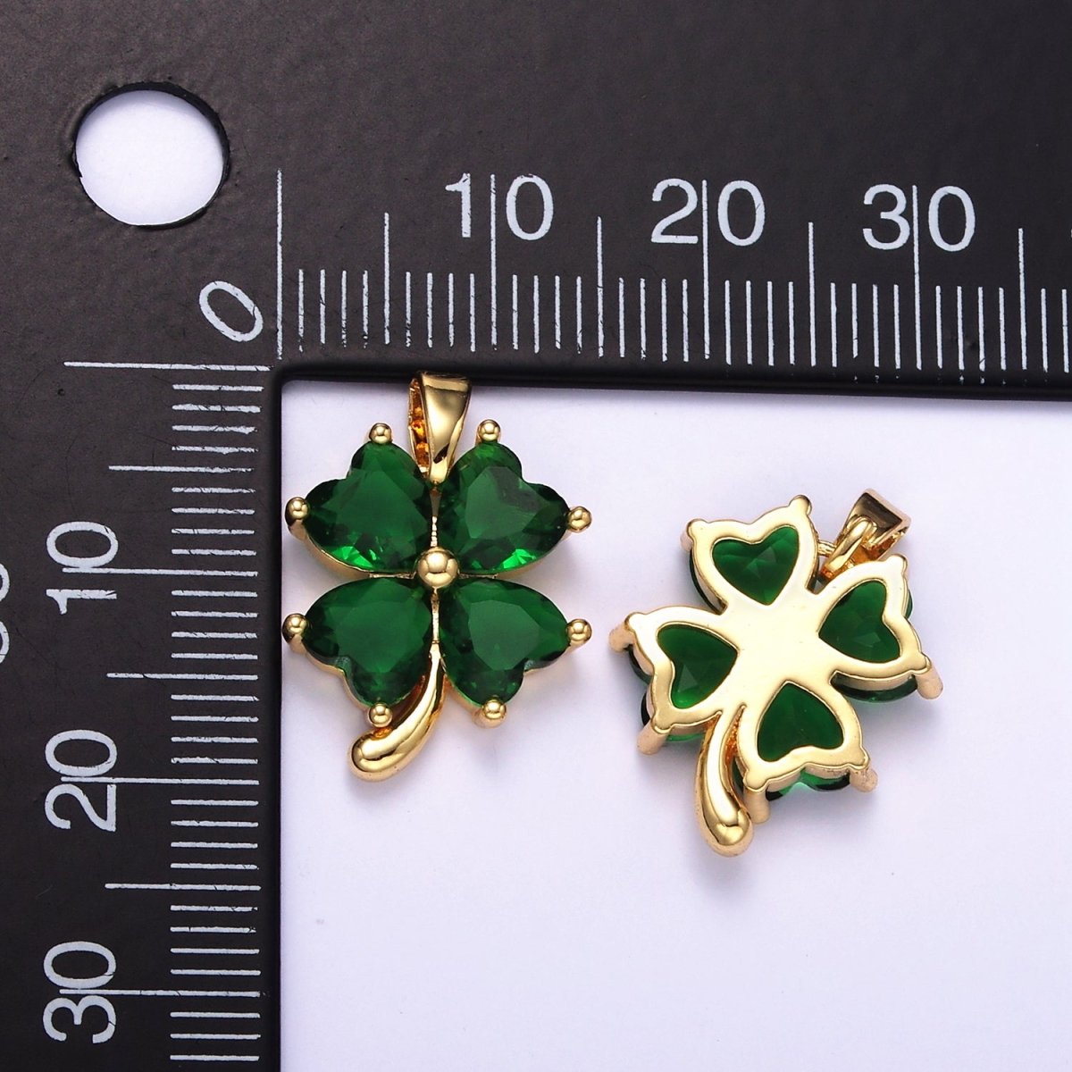 14K Gold Filled Green CZ Heart Petal Quatrefoil Flower Pendant | AA058 - DLUXCA