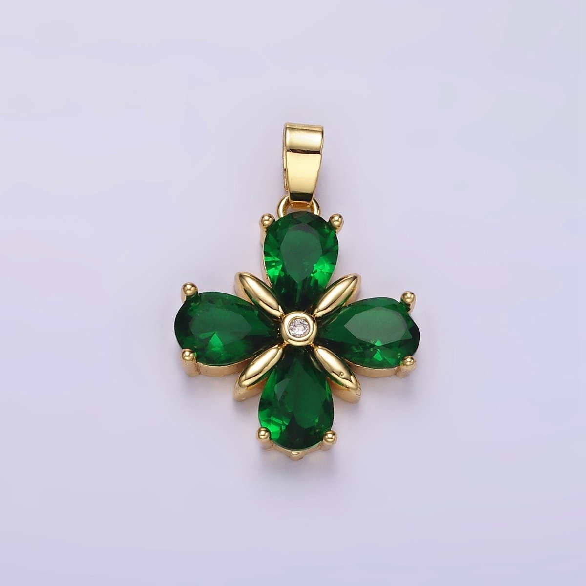 14K Gold Filled Green CZ Quatrefoil Flower Pendant | AA059 - DLUXCA