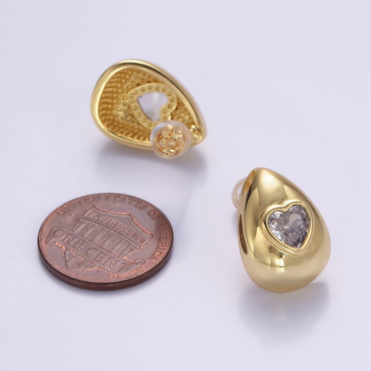 14K Gold Filled Heart CZ Teardrop Dome Stud Earrings | P514 - DLUXCA