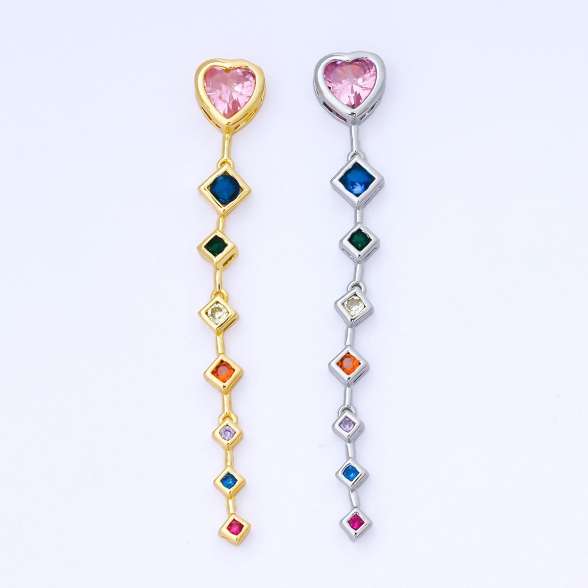 14K Gold Filled Heart Rhombus Multicolor CZ Drop Bead in Gold & Silver | B481 - DLUXCA
