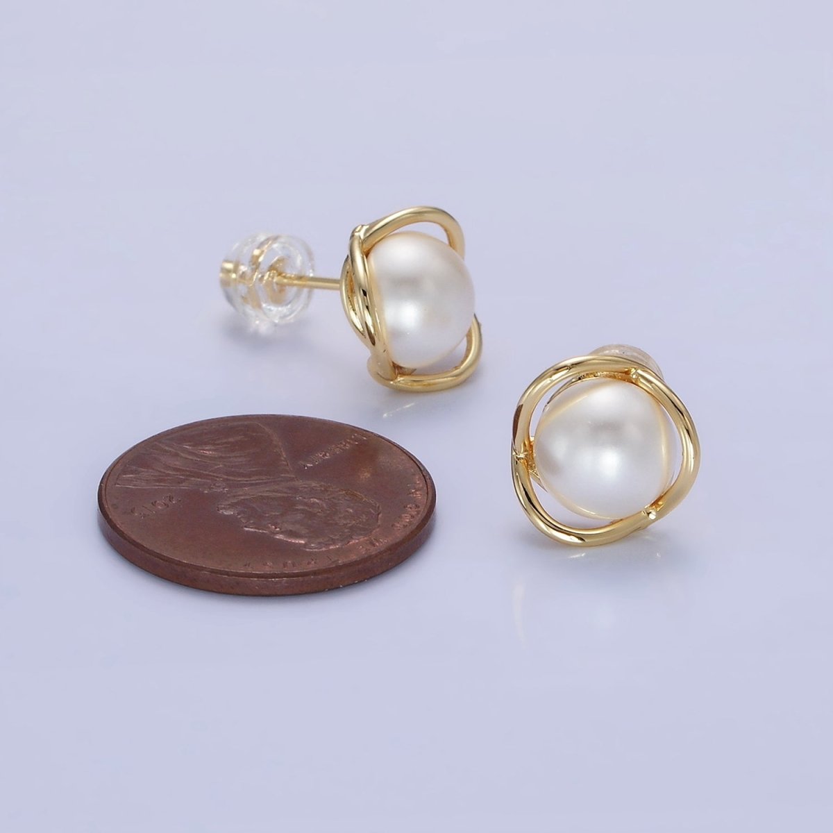 14K Gold Filled Iridescent Pearl Multiple Band Stud Earrings in Gold & Silver | Q034 Q035 - DLUXCA