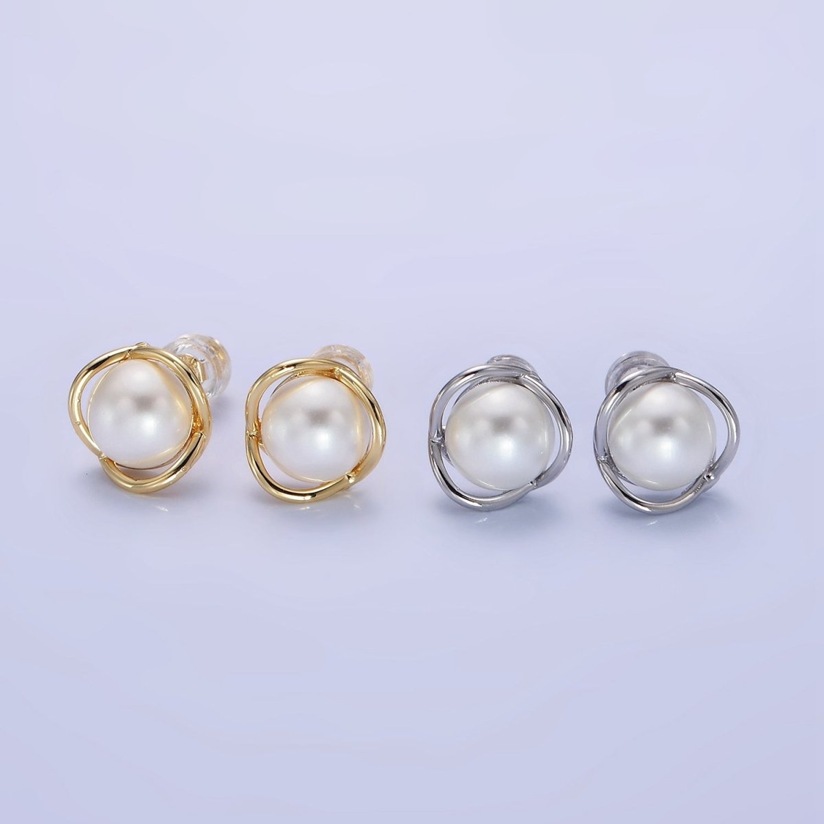 14K Gold Filled Iridescent Pearl Multiple Band Stud Earrings in Gold & Silver | Q034 Q035 - DLUXCA