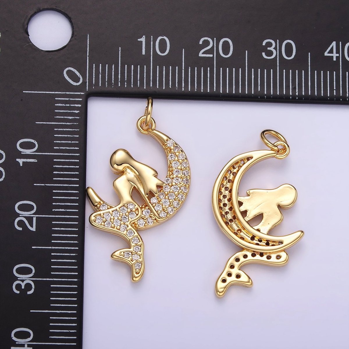 14K Gold Filled Mermaid Crescent Moon Micro Paved CZ Charm | W624 - DLUXCA