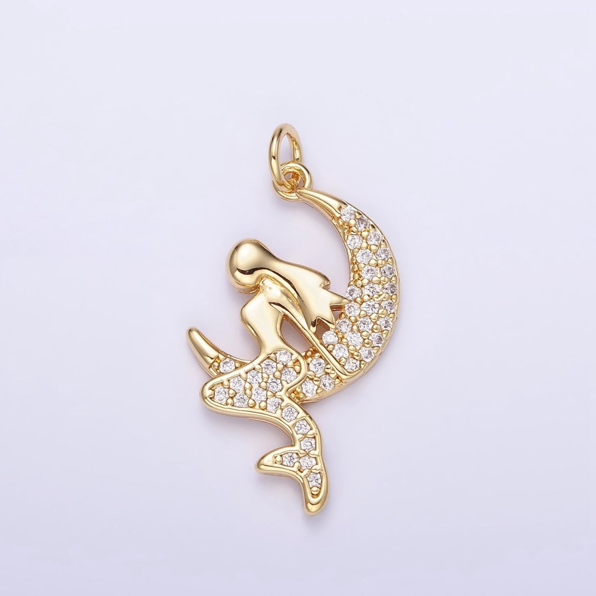 14K Gold Filled Mermaid Crescent Moon Micro Paved CZ Charm | W624 - DLUXCA