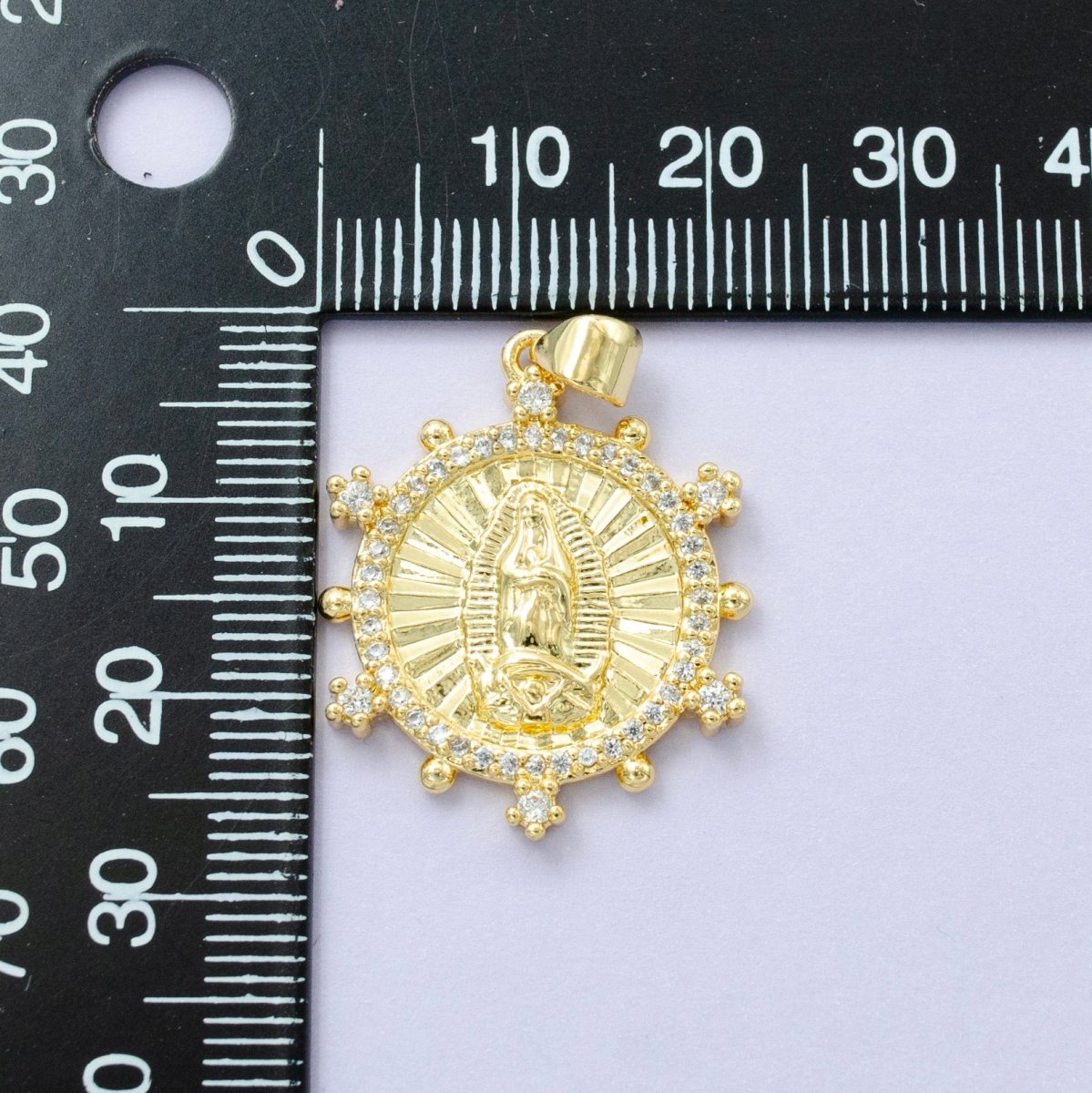 14K Gold Filled Mother Mary Lady Guadalupe Sunburst Micro Paved CZ Dotted Outline Pendant | I - 775 - DLUXCA