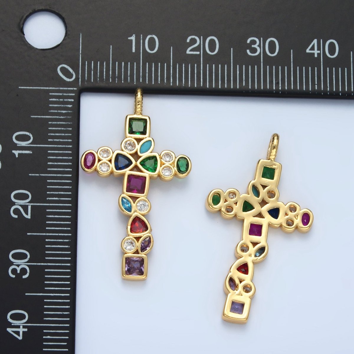 14K Gold Filled Multicolor CZ Geometric Religious Cross Pendant | I545 - DLUXCA