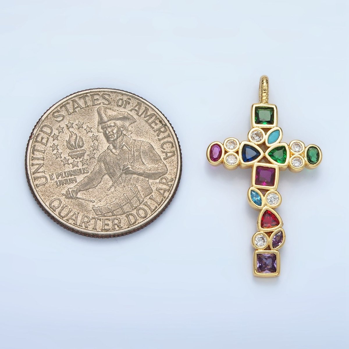 14K Gold Filled Multicolor CZ Geometric Religious Cross Pendant | I545 - DLUXCA