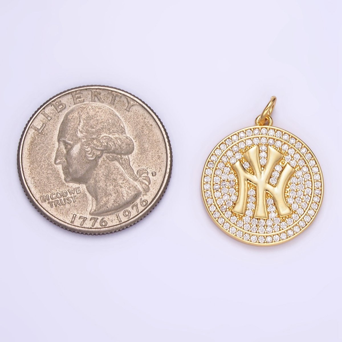 14K Gold Filled New York Yankees Script Micro Paved CZ Round Charm | D525 - DLUXCA