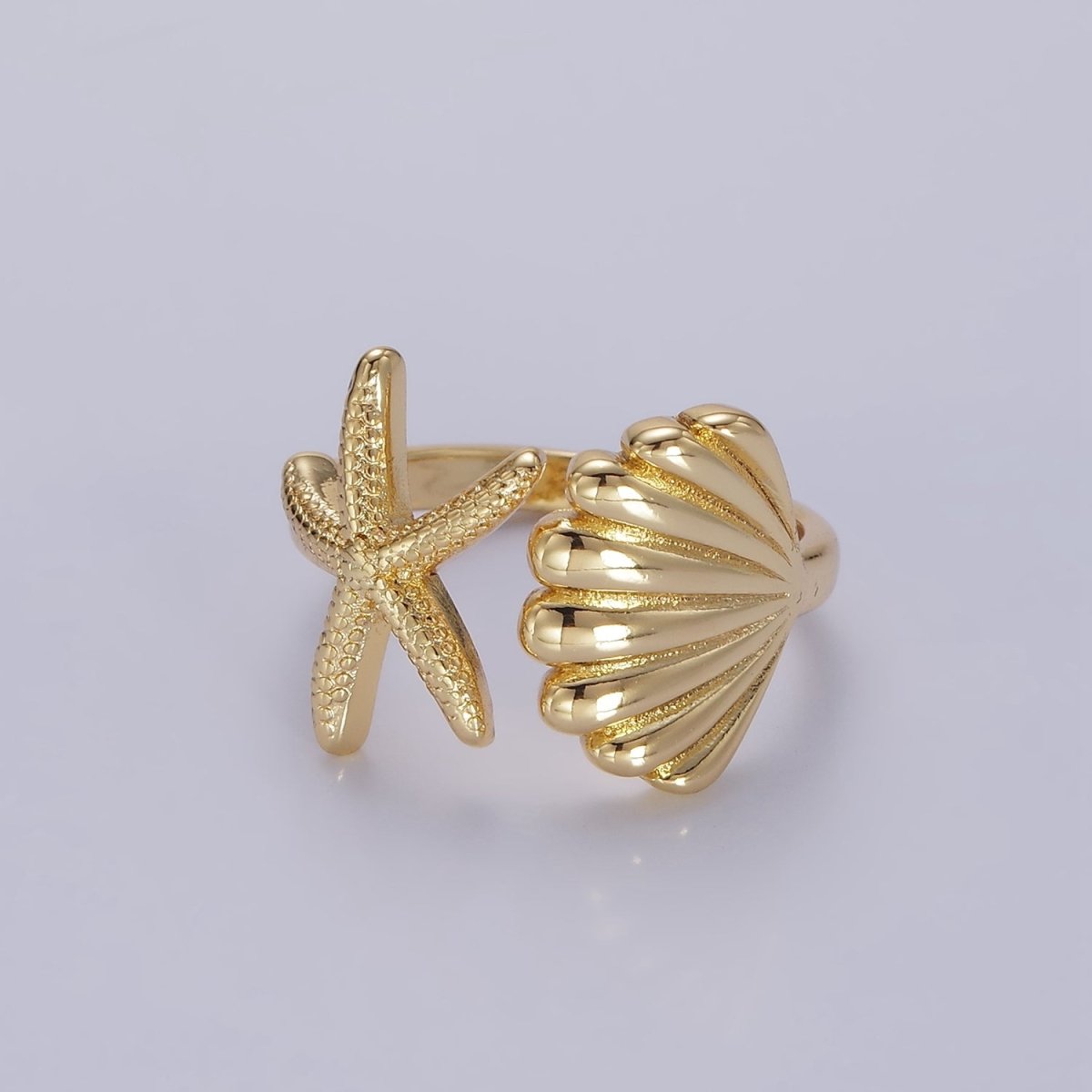 14K Gold Filled Ocean Starfish Clam Sea Shell Open Wrap Ring | O333 - DLUXCA