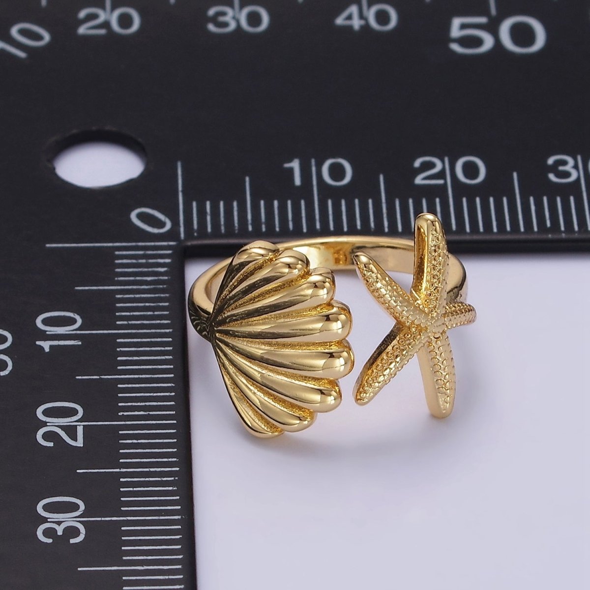 14K Gold Filled Ocean Starfish Clam Sea Shell Open Wrap Ring | O333 - DLUXCA