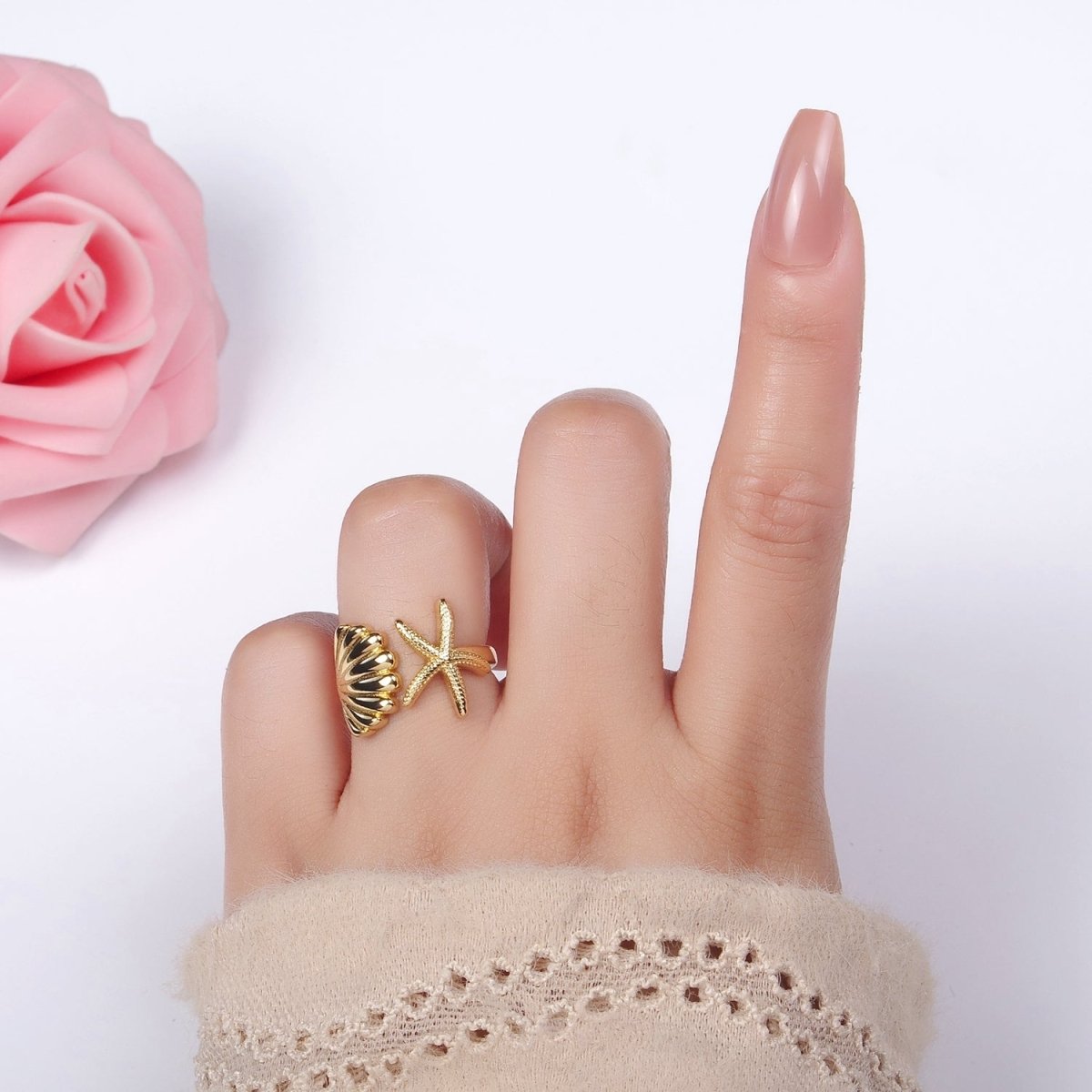 14K Gold Filled Ocean Starfish Clam Sea Shell Open Wrap Ring