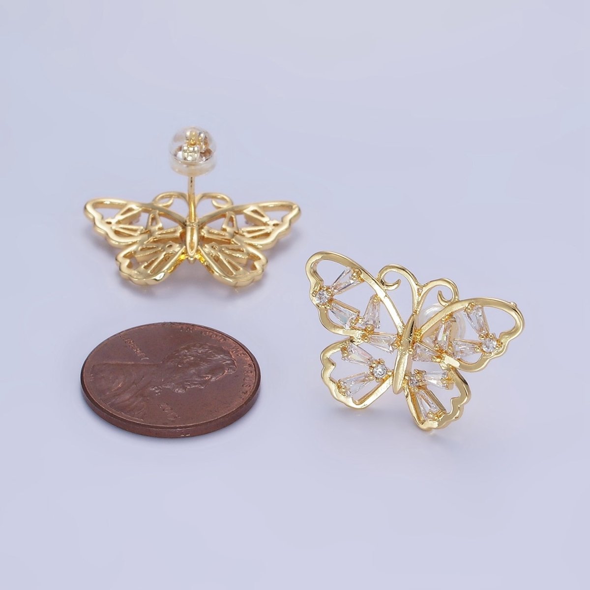 14K Gold Filled Open Baguette Butterfly Stud Earrings | Q196 - DLUXCA