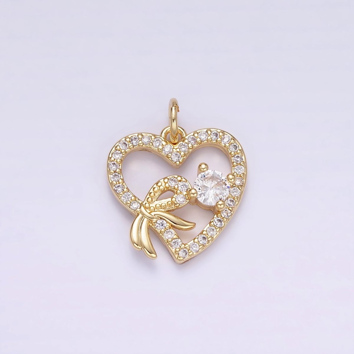 14K Gold Filled Open Heart Ribbon Micro Paved CZ Charm | W674 - DLUXCA