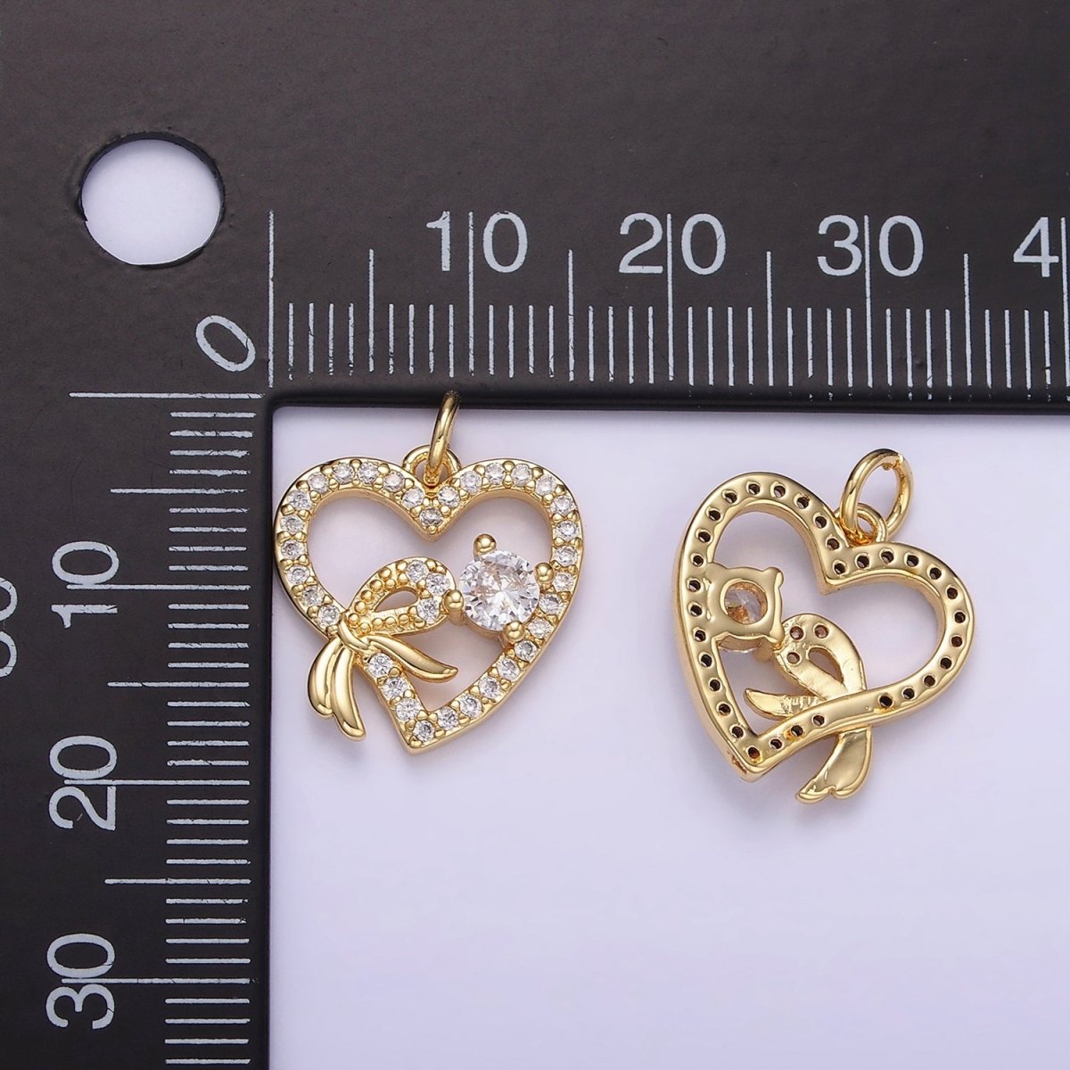 14K Gold Filled Open Heart Ribbon Micro Paved CZ Charm | W674 - DLUXCA