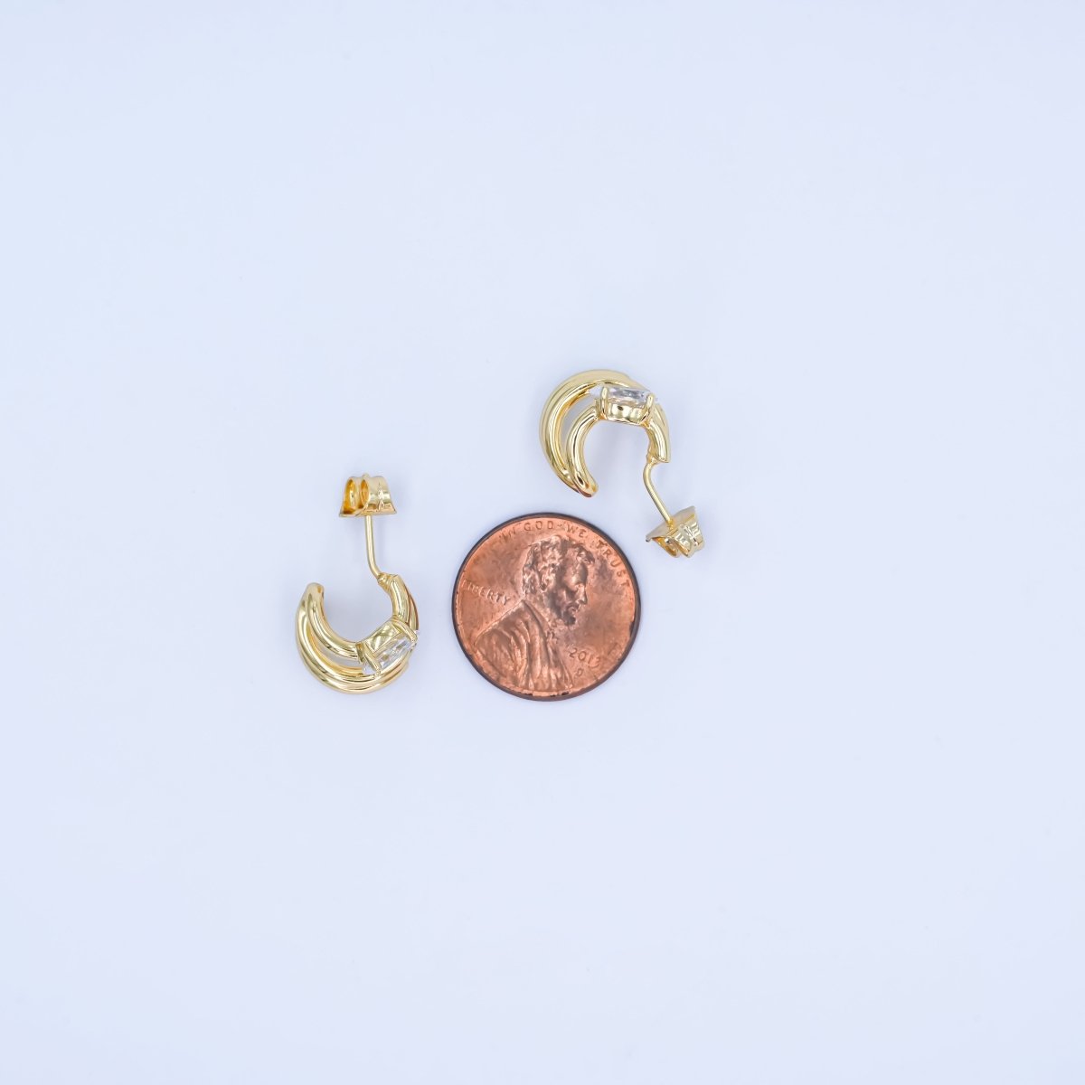 14K Gold Filled Oval CZ Triple Bar Claw C - Shaped Cartilage Hoop Earrings | AB990 - DLUXCA