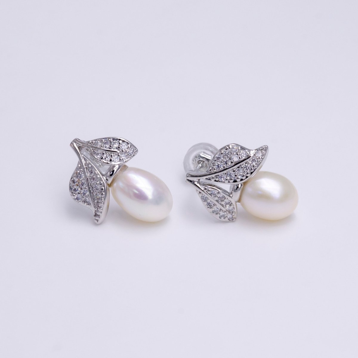14K Gold Filled Pearl Micro Paved CZ Leaf Stud Earrings in Gold & Silver | Y849 AE794 - DLUXCA