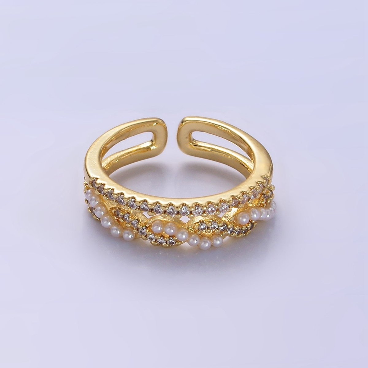 14K Gold Filled Pearl Micro Paved Wavy Double Band Ring | O014 - DLUXCA