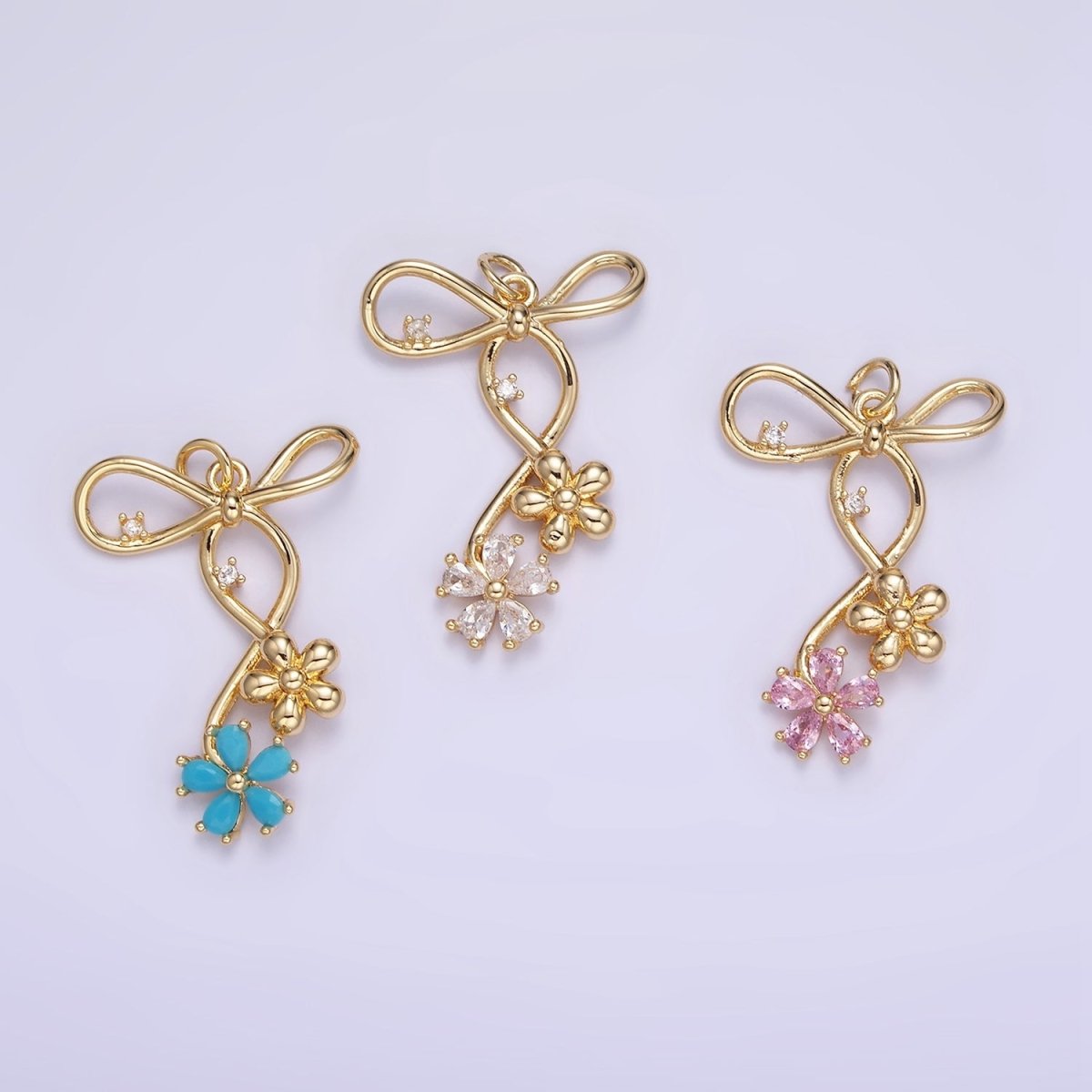 14K Gold Filled Pink, Blue, Clear CZ Flower Ribbon Bow Charm | W770 - W772 - DLUXCA