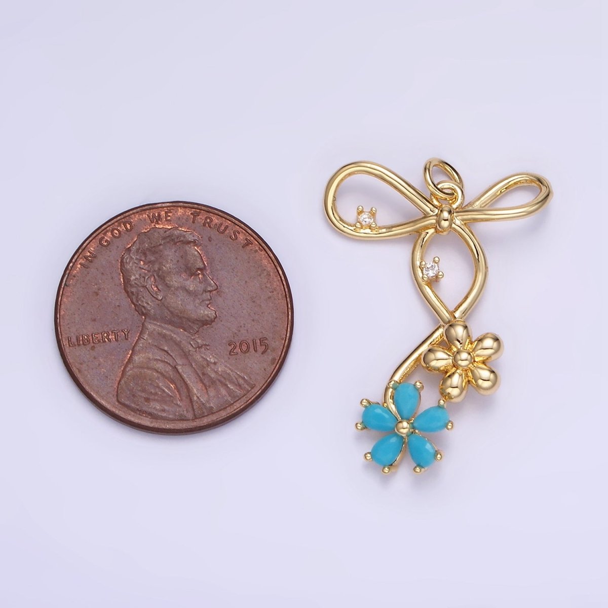 14K Gold Filled Pink, Blue, Clear CZ Flower Ribbon Bow Charm | W770 - W772 - DLUXCA