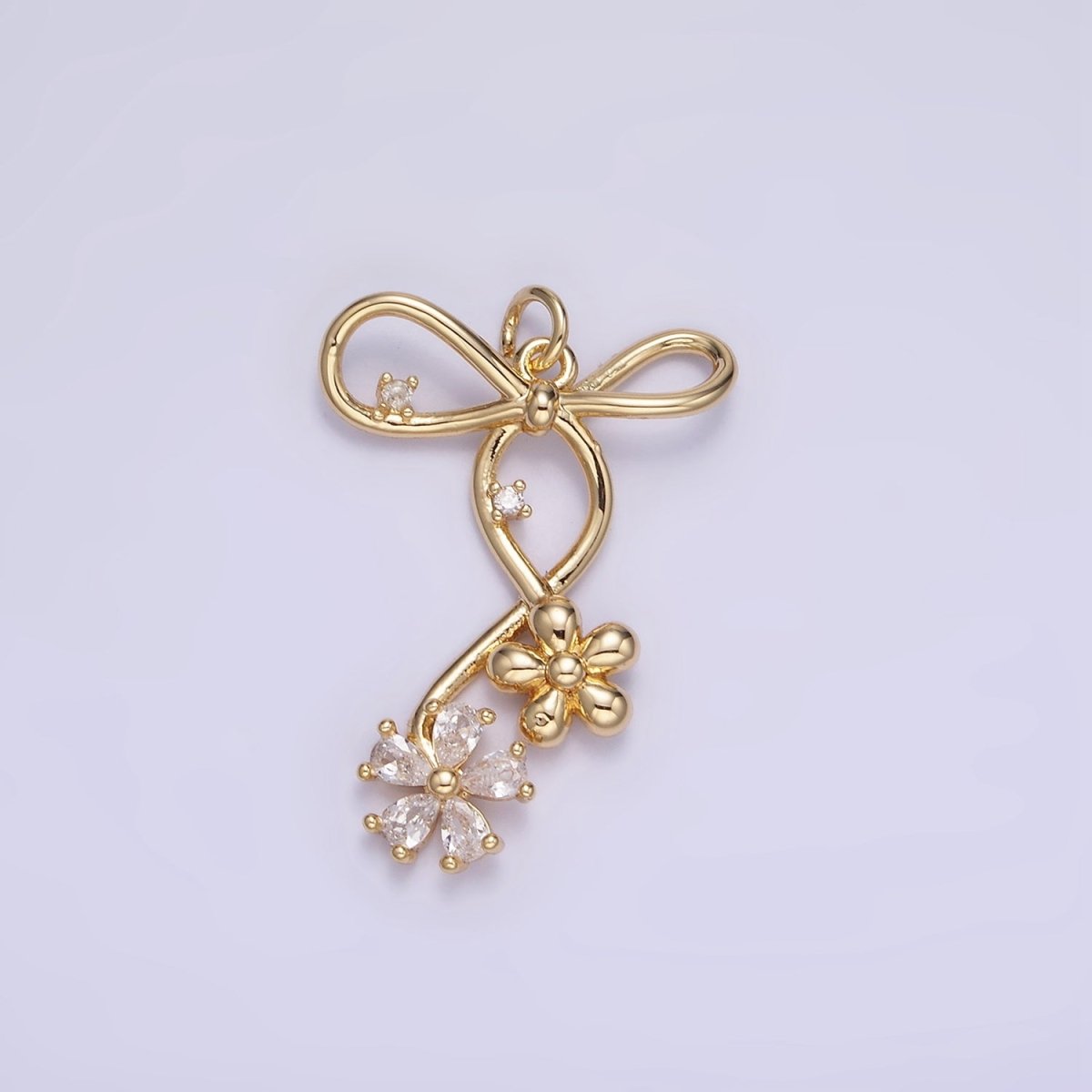 14K Gold Filled Pink, Blue, Clear CZ Flower Ribbon Bow Charm | W770 - W772 - DLUXCA