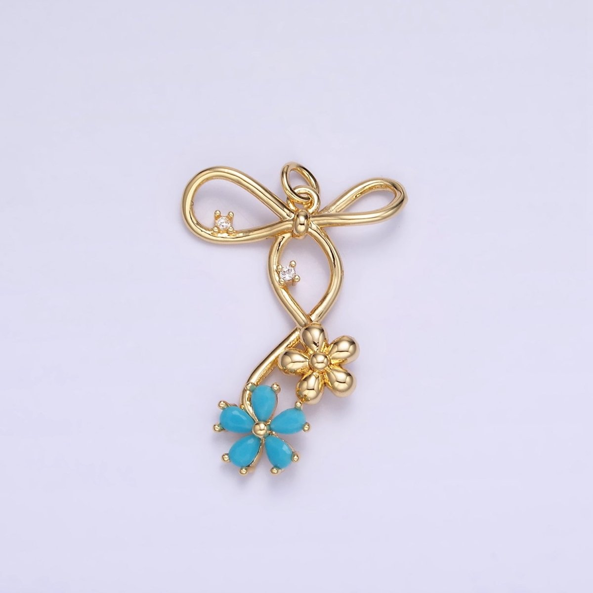 14K Gold Filled Pink, Blue, Clear CZ Flower Ribbon Bow Charm | W770 - W772 - DLUXCA