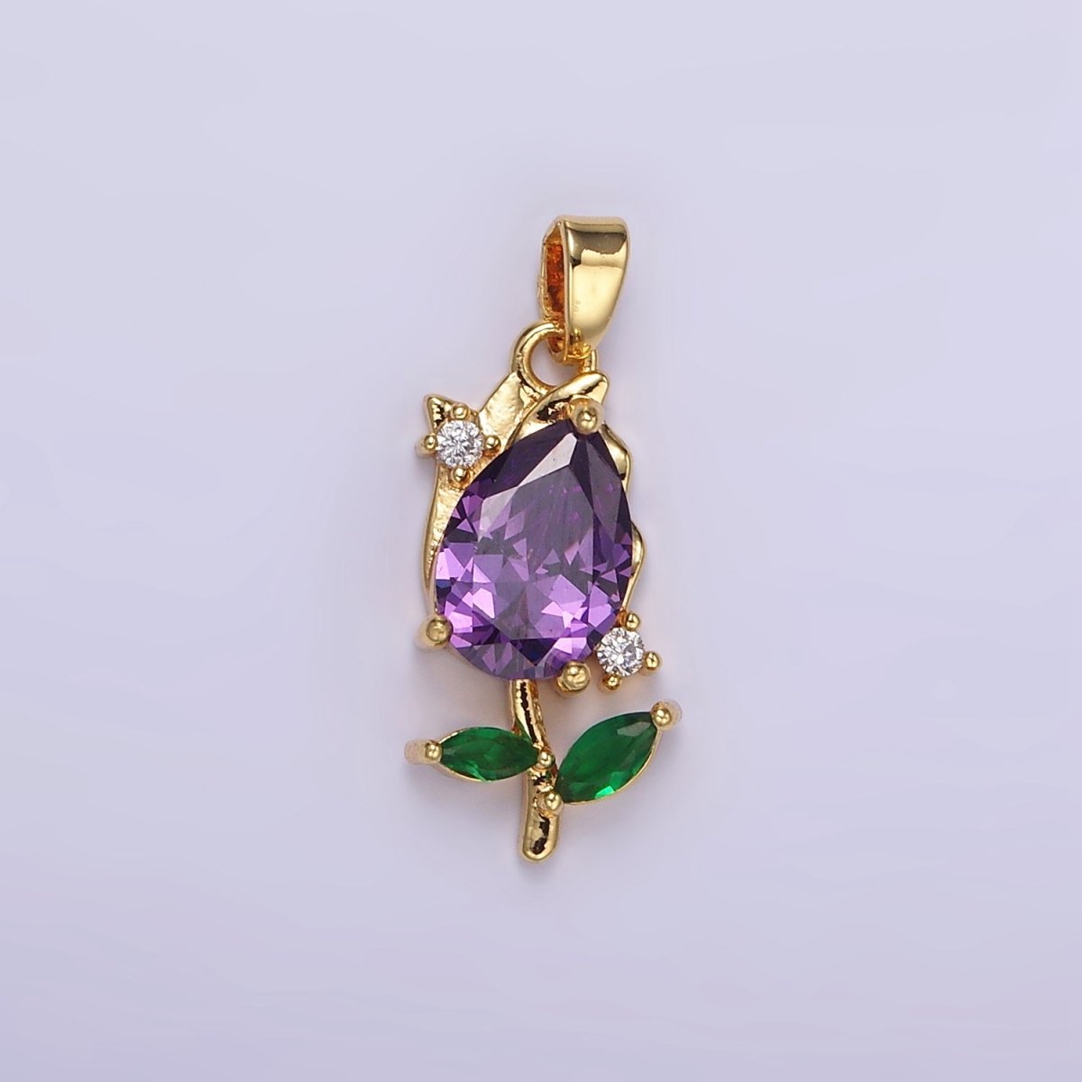 14K Gold Filled Purple, Clear CZ Floral Rose Pendant | AA061 - DLUXCA