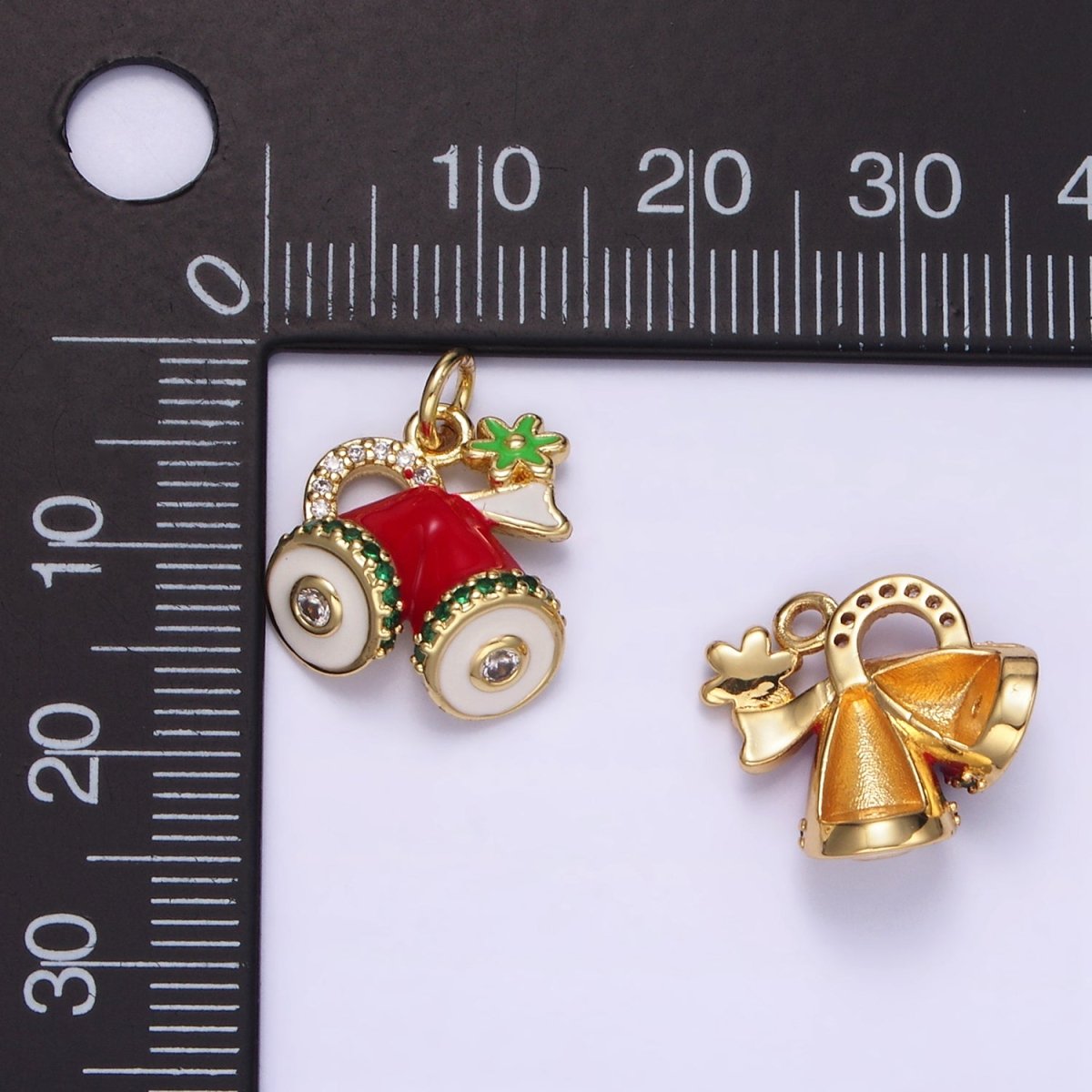 14K Gold Filled Red Micro Paved Christmas Jingle Bells Mini Enamel Charm | D526 - DLUXCA