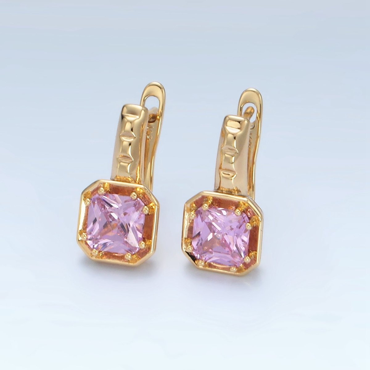 14K Gold Filled Red, Pink, Blue, Purple CZ Square Edged English Lock Earrings | AD662 - AD665 - DLUXCA