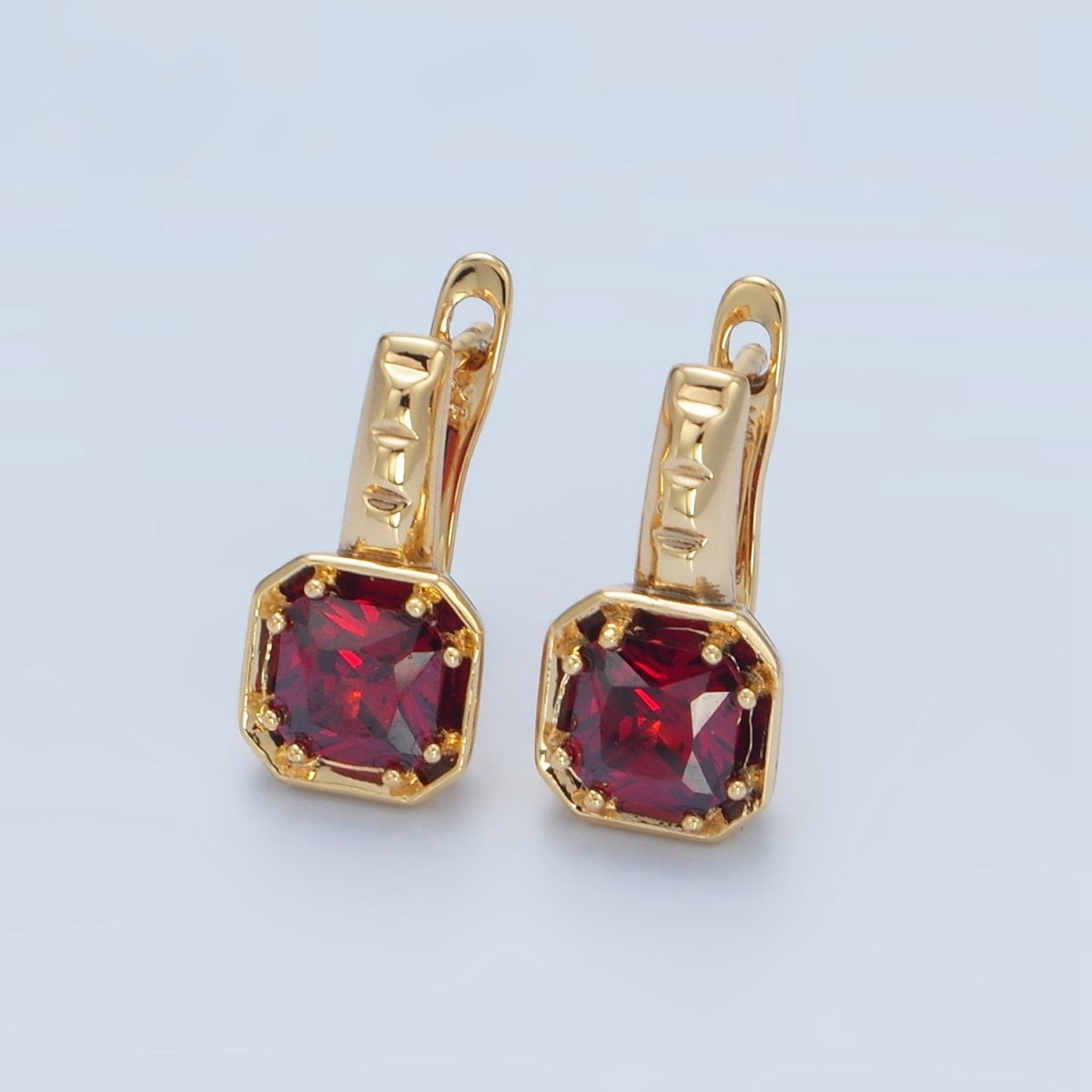 14K Gold Filled Red, Pink, Blue, Purple CZ Square Edged English Lock Earrings | AD662 - AD665 - DLUXCA