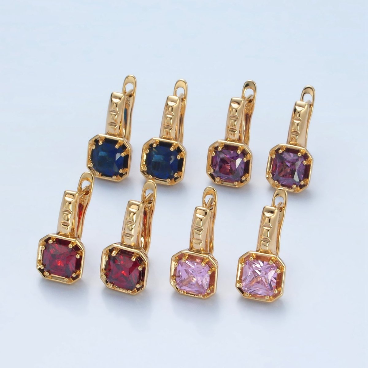 14K Gold Filled Red, Pink, Blue, Purple CZ Square Edged English Lock Earrings | AD662 - AD665 - DLUXCA