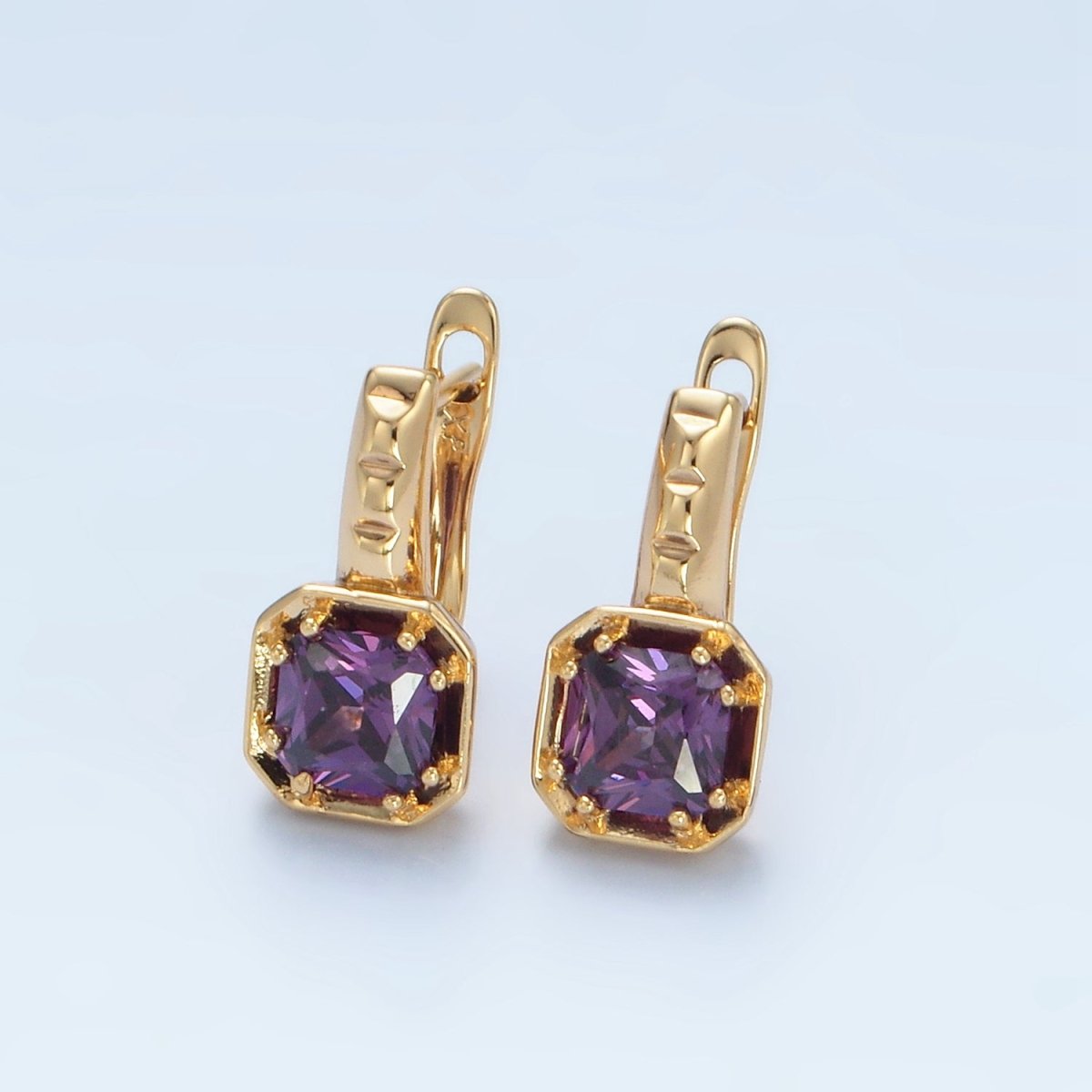 14K Gold Filled Red, Pink, Blue, Purple CZ Square Edged English Lock Earrings | AD662 - AD665 - DLUXCA