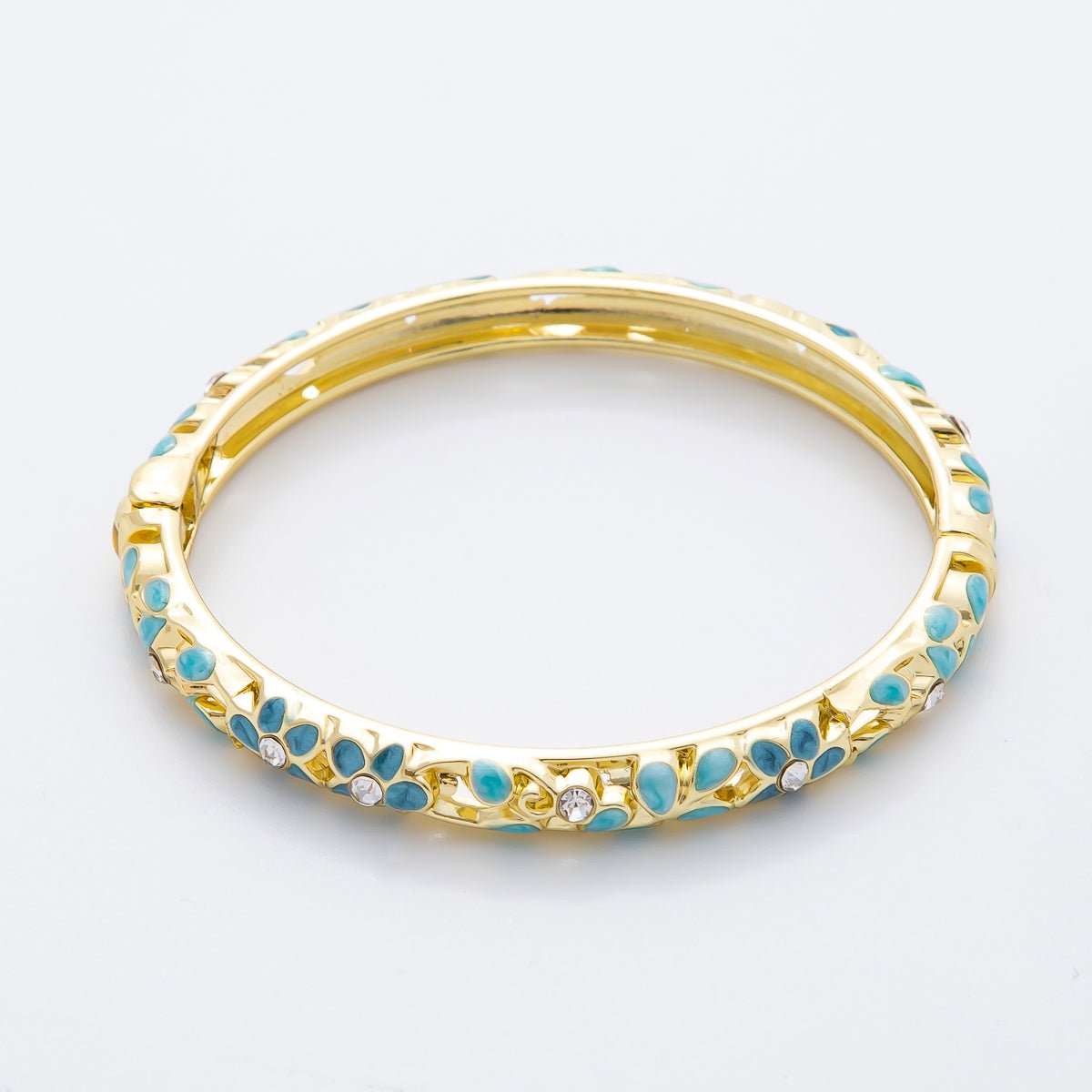 14K Gold Filled Round CZ Enamel Floral Themed Open Round Bangle Bracelet in Pink, Orange, & Blue | WA - 292 WA - 300 WA - 323 WA - 370 - DLUXCA