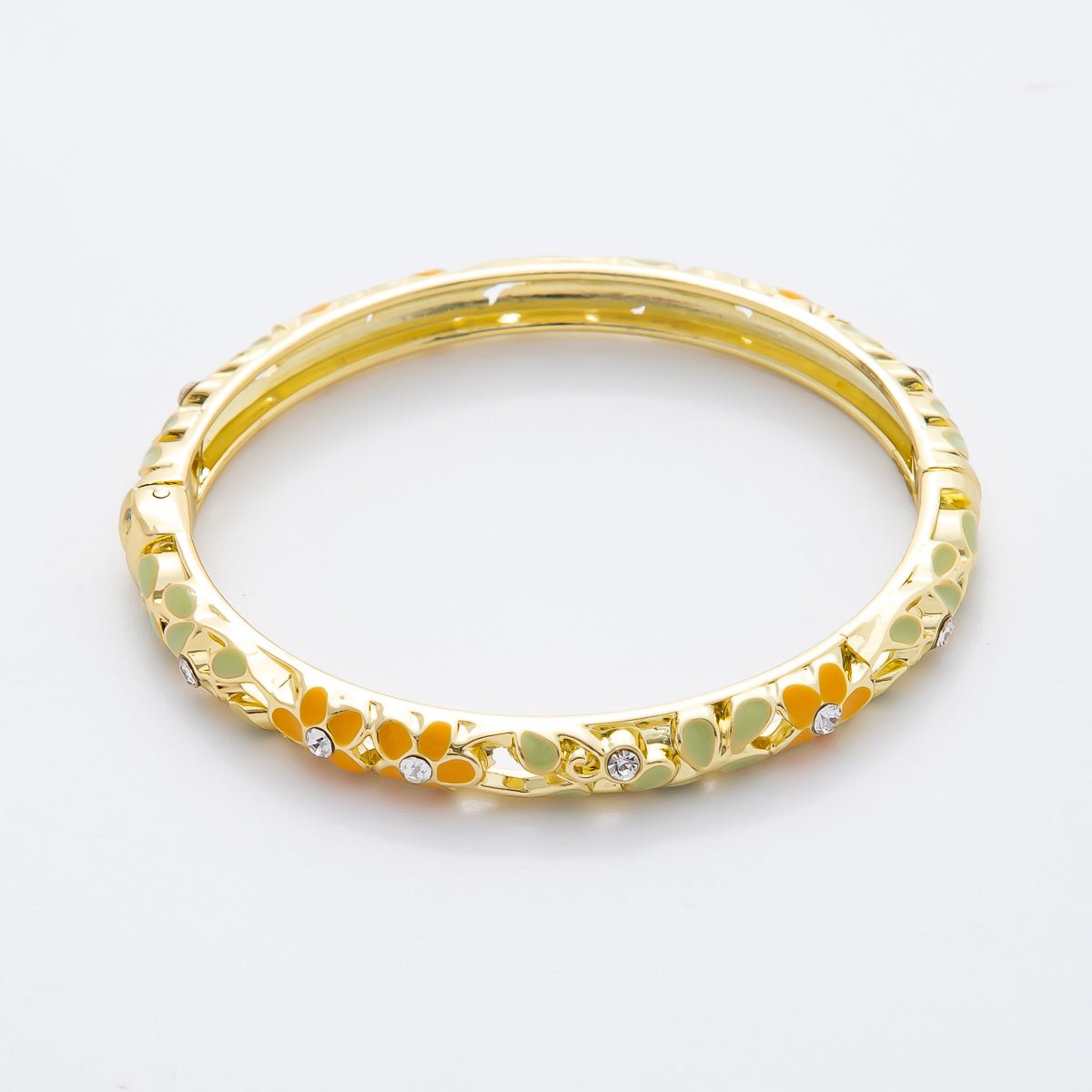 14K Gold Filled Round CZ Enamel Floral Themed Open Round Bangle Bracelet in Pink, Orange, & Blue | WA - 292 WA - 300 WA - 323 WA - 370 - DLUXCA