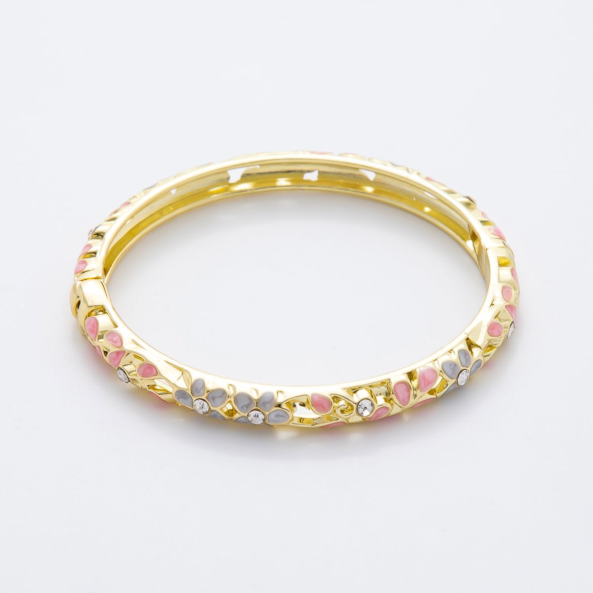 14K Gold Filled Round CZ Enamel Floral Themed Open Round Bangle Bracelet in Pink, Orange, & Blue | WA - 292 WA - 300 WA - 323 WA - 370 - DLUXCA