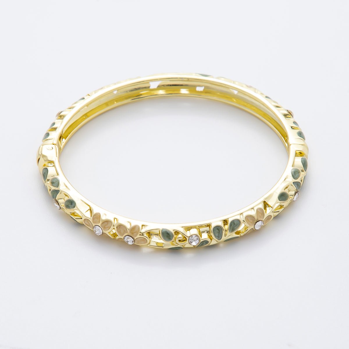 14K Gold Filled Round CZ Enamel Floral Themed Open Round Bangle Bracelet in Pink, Orange, & Blue | WA - 292 WA - 300 WA - 323 WA - 370 - DLUXCA