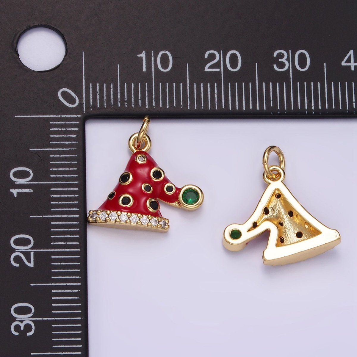 14K Gold Filled Santa's Hat Dotted CZ Micro Paved Enamel Christmas Mini Charm | D541 - DLUXCA